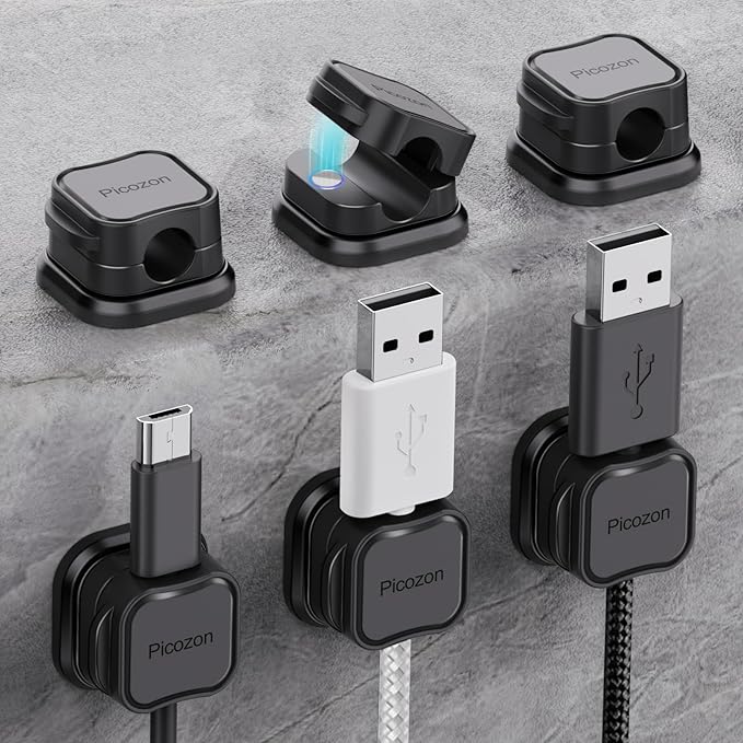 6 Pack Magnetic Cable Clip Organizer Cord Holder, Picozon Adhesive Cable Management, Wire Phone USB Charger Cable Holder, Keeper Organizer for Office Home Desktop Table - Black