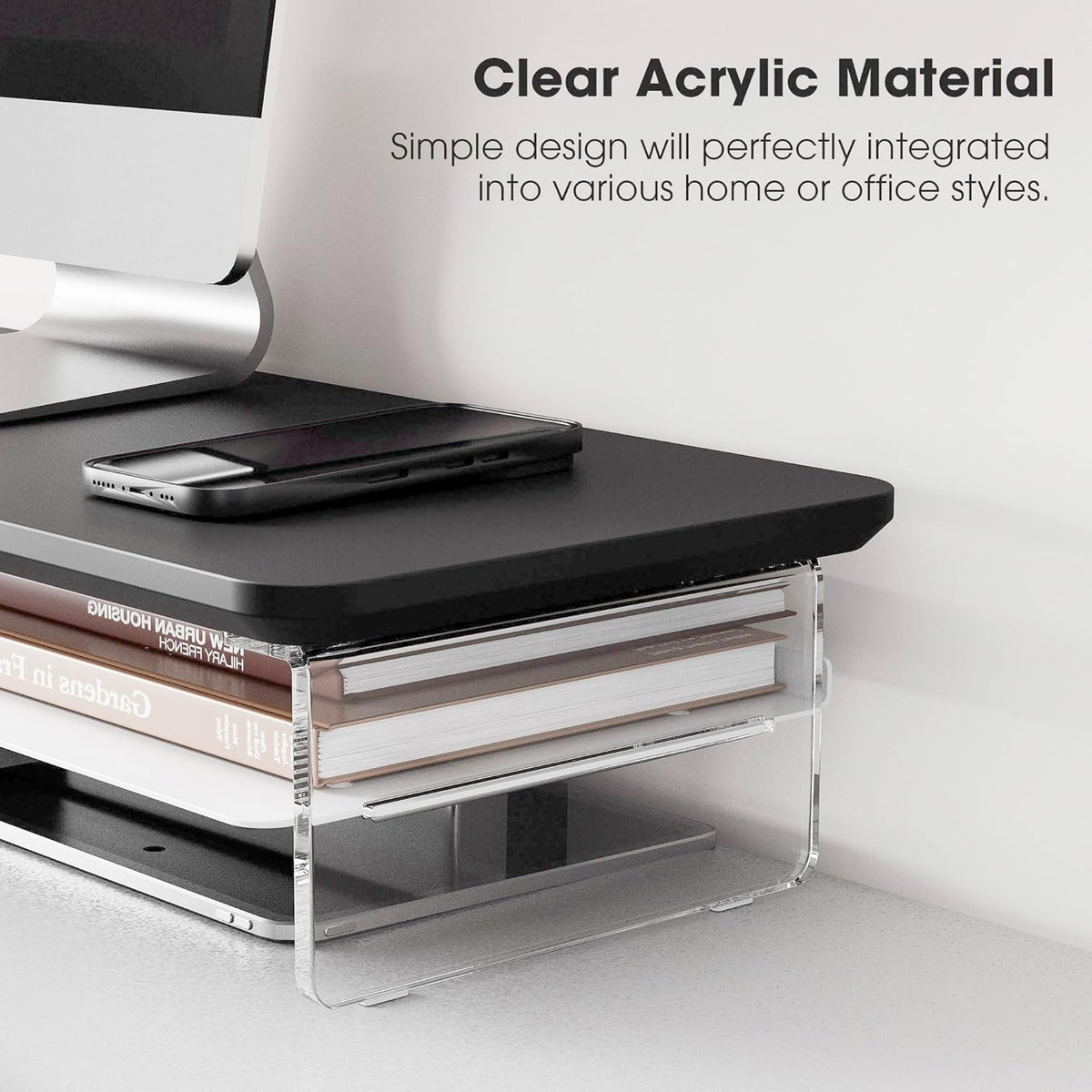 Fenge Acrylic Monitor Stand Riser, 42.5 Inches Dual Monitor Stand with Metal Storage, 2 Tier Acrylic Computer Riser for Desk, Clear Laptop Stand for PC, Laptop, Printer, TV, Black