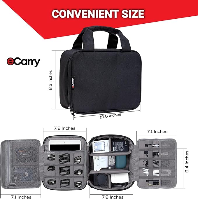 Electronics Organizer Case - Multi-Layer Full Flat Opening With Compartments and Pockets - Cord Organizer for Accessories, Cables, Electronics Travel