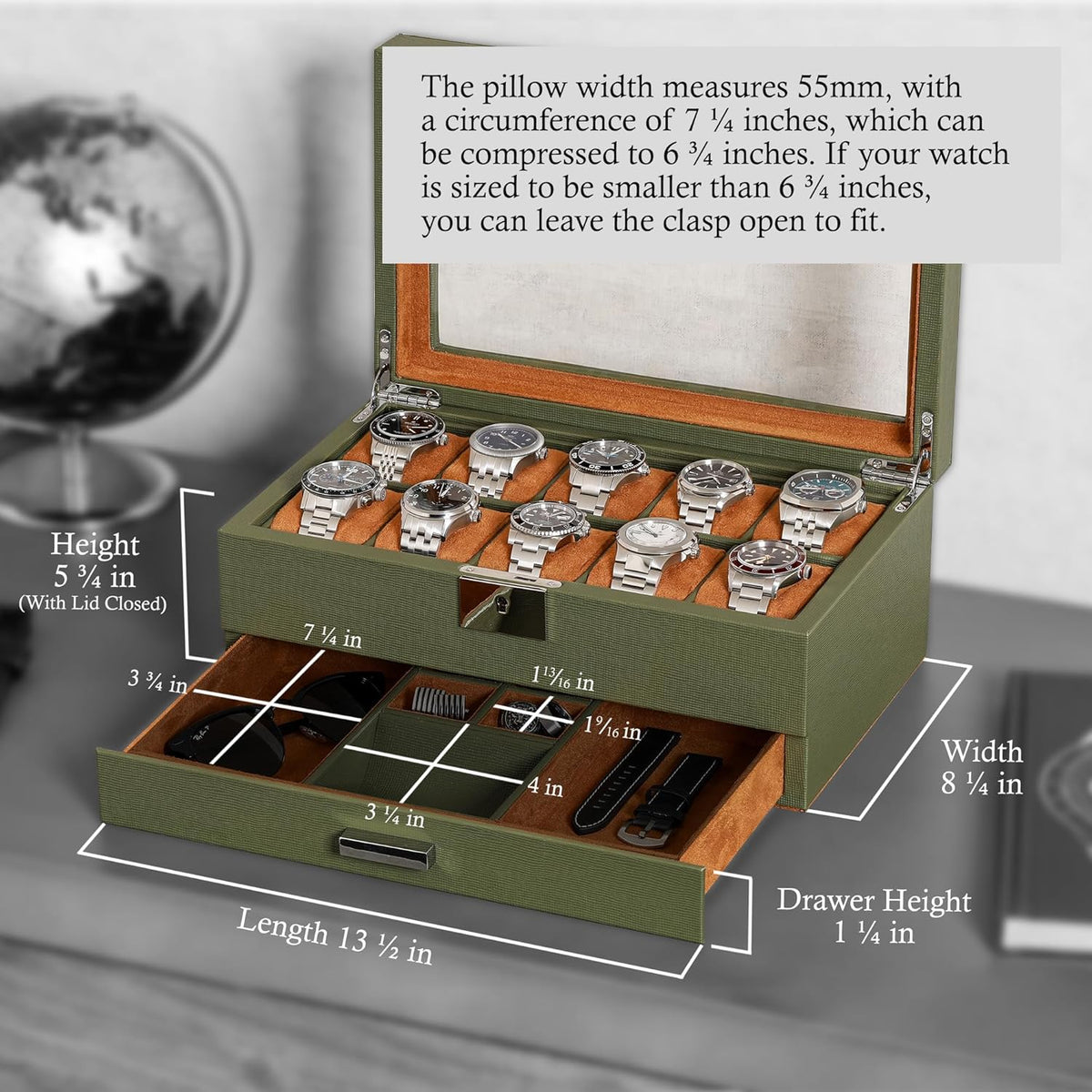 ROTHWELL 10-Slot Watch Box in Leather with Valet Drawer, Luxury Watch Case Display Organizer with Ultra Soft Microsuede Liner, Jewelry and Sunglass Holder With Large Glass top (Green/Tan)