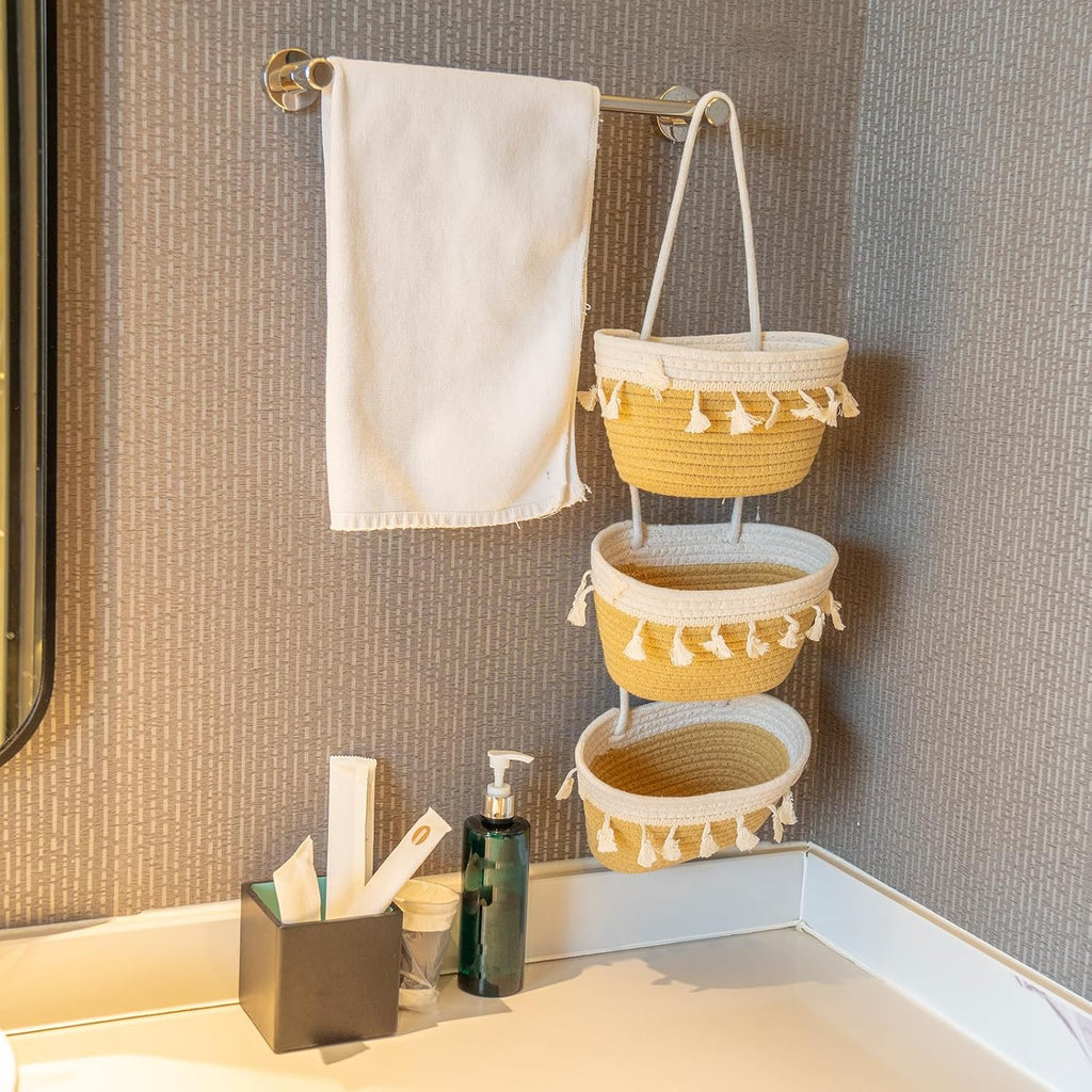 JJSQYLAN Over the Door Hanging Basket 3 Tier Small Woven Cotton Wall Hanging Organizer Bag Decorative Hanging Nursery Baskets Boho (Jute & White)