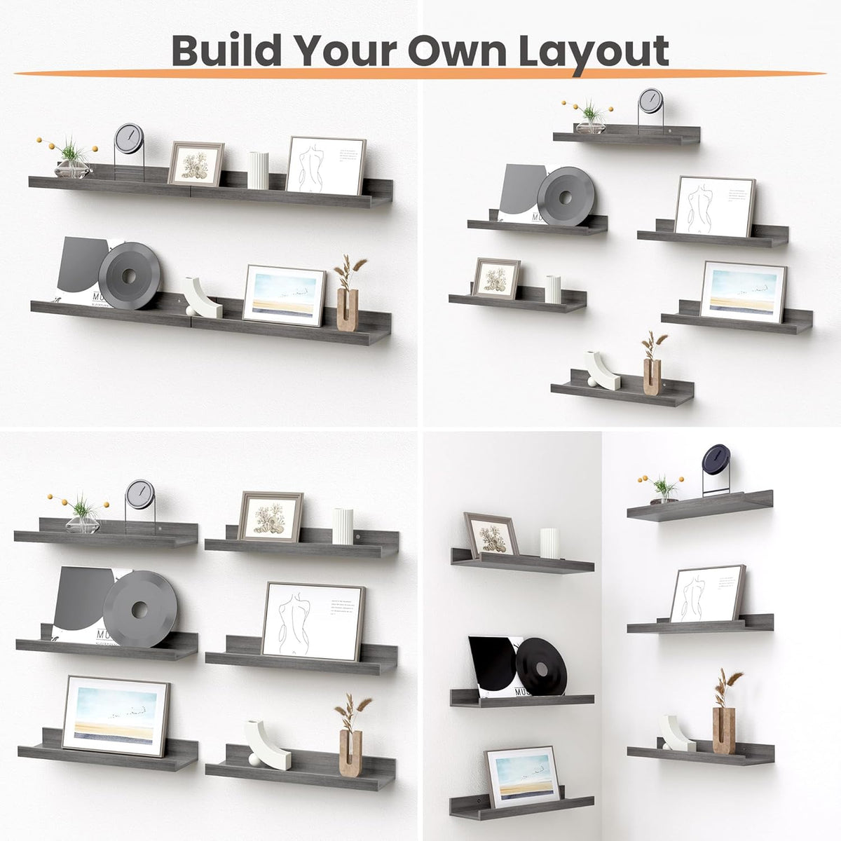upsimples Floating Shelves for Wall, Wall Shelves for Decor Storage Set of 6, Wall Mounted Wood Shelf for Bedroom, Living Room, Bathroom, Kitchen, Picture Ledge Shelf, Grey
