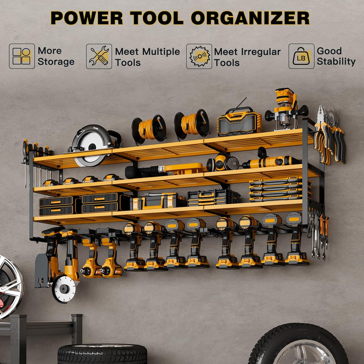 48" Large Power Tools Organizer Wall Mount,12 Drill Holder for Garage, Workshop Heavy Duty Storage Rack (Yellow)