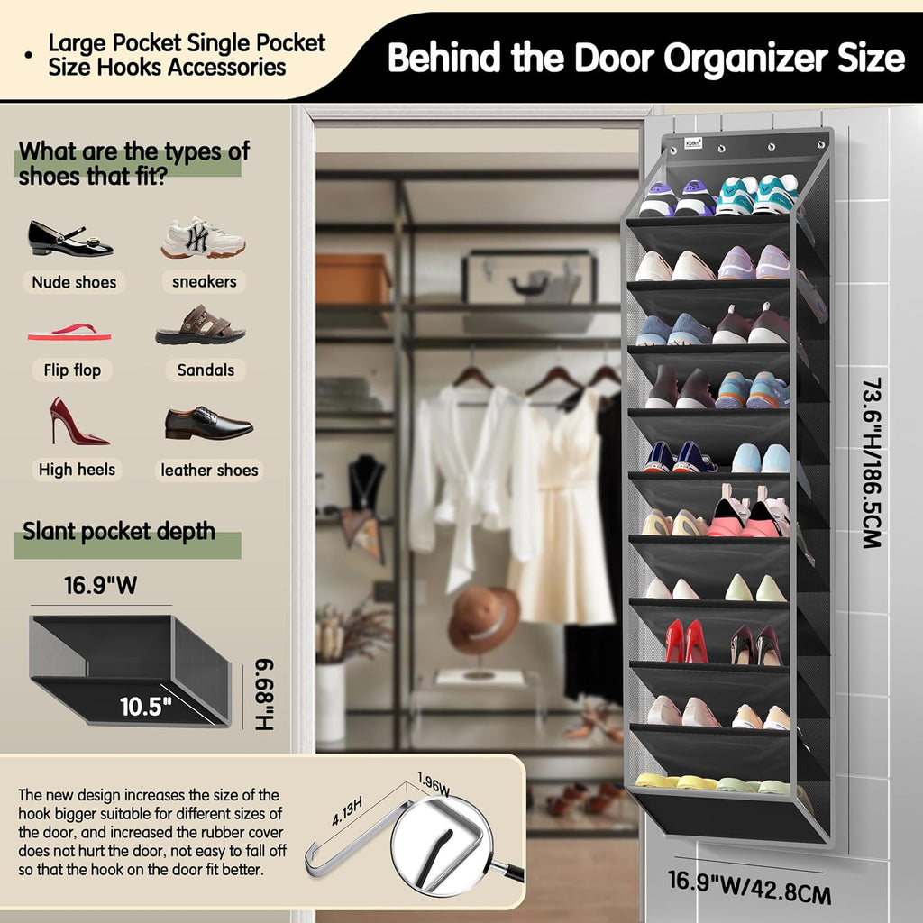 10 Tier Over The Door Organizer - Heavy Duty Hanging Storage Rack with Sturdy Oxford Fabric, Holds 20+ Pairs of Footwear, Boots & Sneakers, Saves 50% Closet Space (Black)