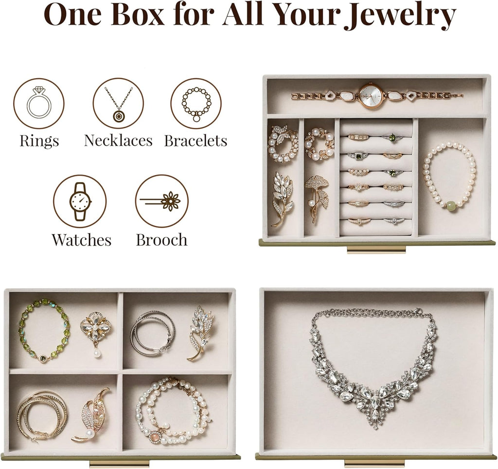 Jewelry Box Organizer Case for Women: 3-Layer Jewelry Storage Case with Glass Window, Olive Green Leather with Cream Velvet, Holder for Ring Necklace Bracelet Brooch Watch, Great Gift for Her