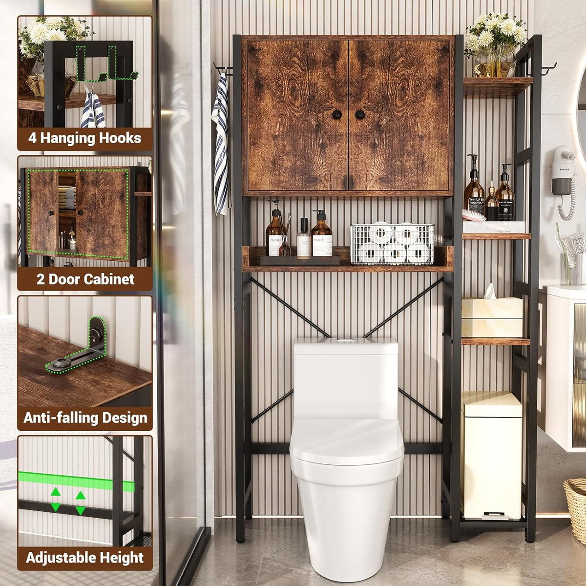 Over The Toilet Storage Cabinet with Doors - 7 Tier Bathroom Organizer with Adjustable Shelf, Freestanding Space Saver Rack Above Toilet Stand with 4 Hooks for Bathroom, Restroom, Laundry, Rustic