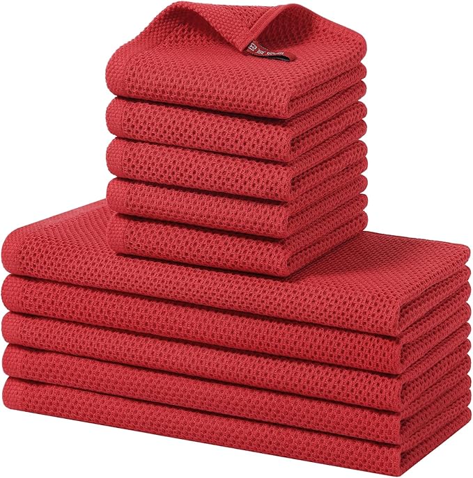Homaxy 100% Cotton Kitchen Towels and Dishcloths Set, 12 x 12 Inches and 13 x 28 Inches, Set of 10 Bulk Kitchen Towels Set, Ultra Soft Absorbent Dish Cloths for Washing Dishes, Red