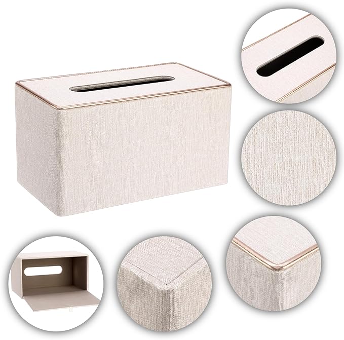 Sumnacon Rectangular Linen Tissue Box Cover - Stylish Tissue Box Holder with Magnetic Bottom, Decorative Tissue Box for Bathroom Toilet Vanity Night Stand Table Countertop Office, Beige Linen Texture