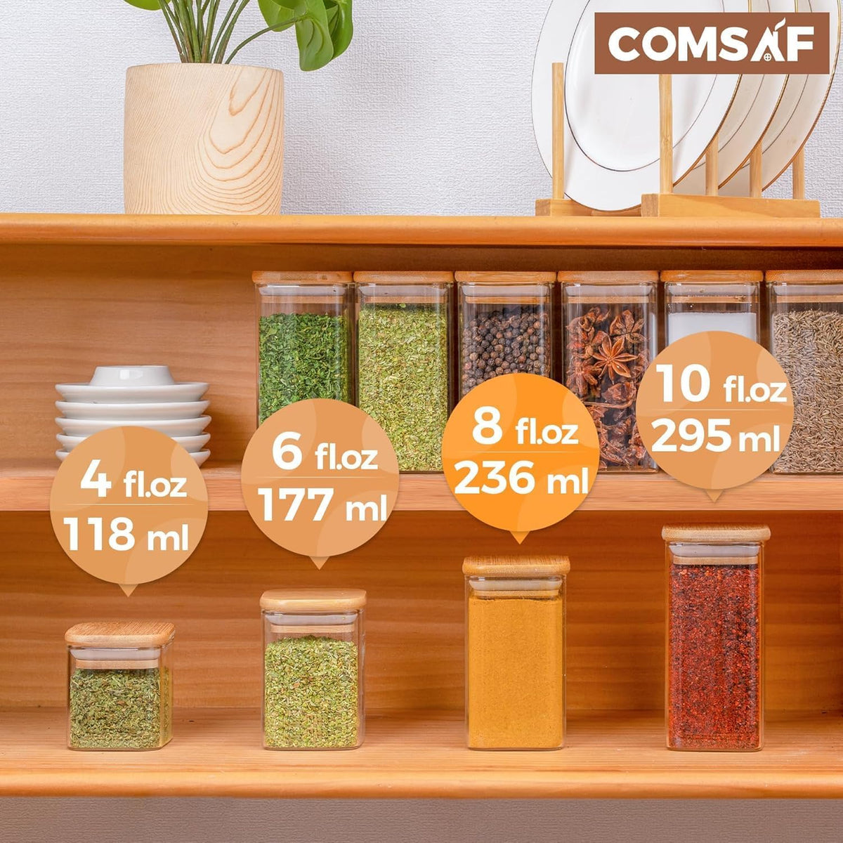 ComSaf Spice Jars with Labels 8 oz 16Pack, Small Spice Containers Starter Set, Glass Seasoning Jars with Lids, Square Seasoning Containers for Salt, Pepper, Chili Powder, Sugar, Loose Tea Storage