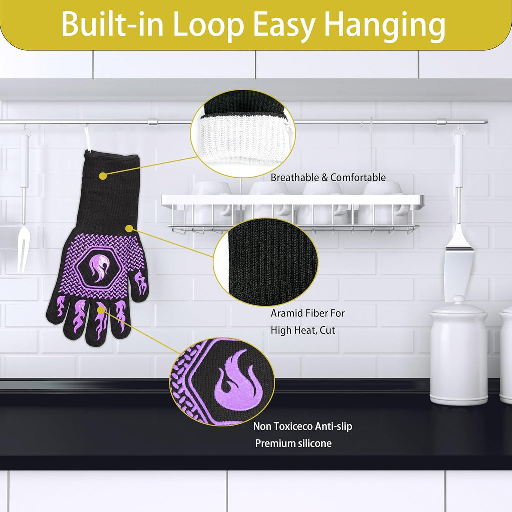 BBQ Fireproof Gloves, Grill Cut-Resistant Gloves 1472°F Heat Resistant Gloves, Non-Slip Silicone Oven Gloves, Kitchen Safe Cooking Gloves for Oven Mitts,Barbecue,Cooking, Frying,13.5 Inch-Purple