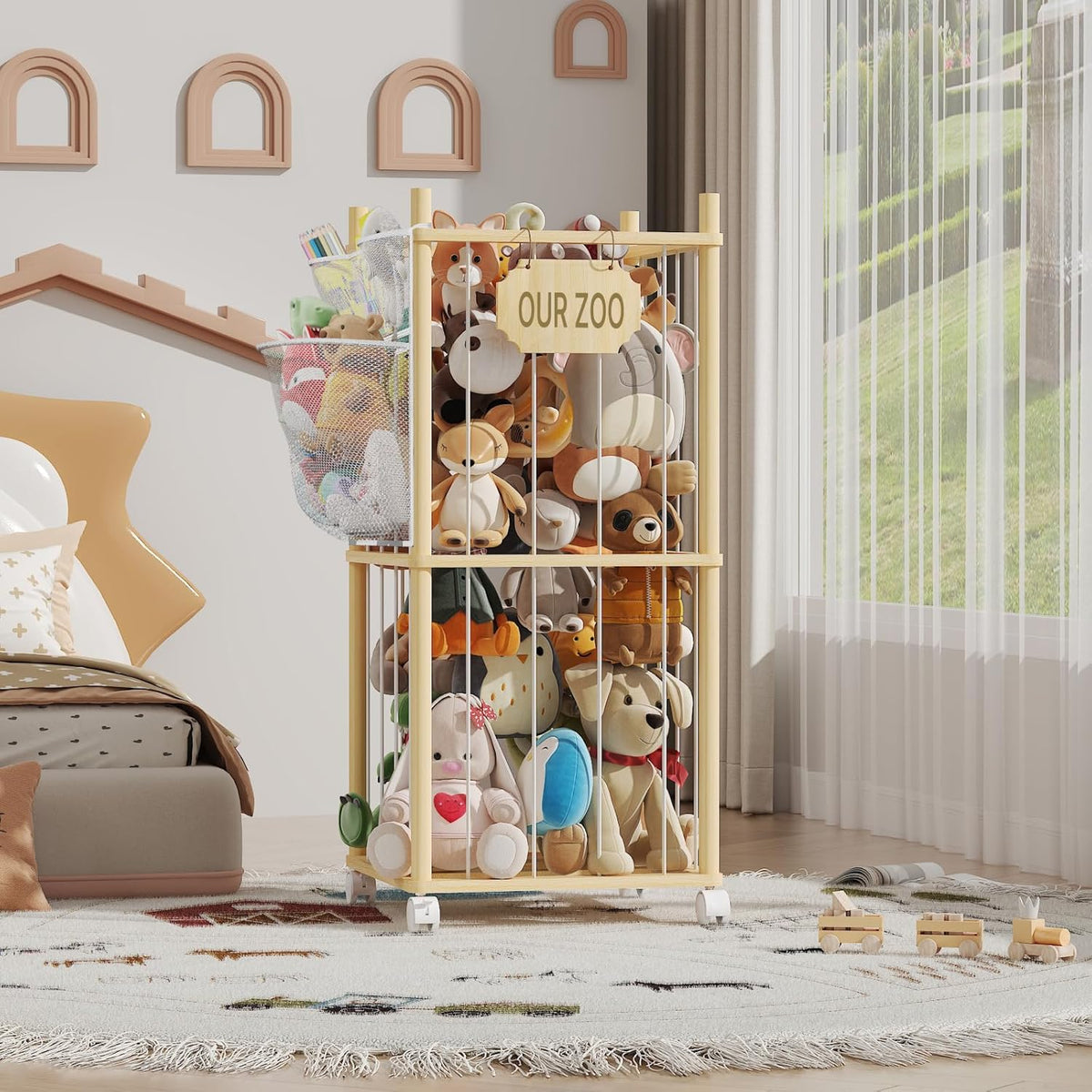Stuffed Animal Storage with Net Wooden Toy Storage Organizer Stuffed Animal Zoo Storage with Lockable Wheels for Toddler Rooms, Playrooms & Bedrooms (2-Layers)