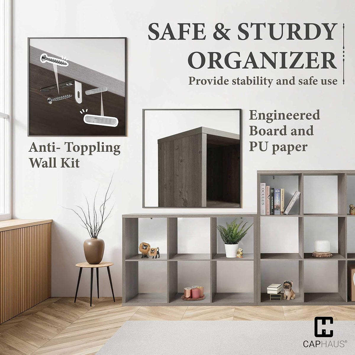 CAPHAUS Sturdy Room 13-Inch Cube Storage Organizer Shelf, with Extra Thick Exterior Edge, Open Storage Shelf Divider, Bookcase, 6-Cube / 8-Cube / 9-Cube, Colors Available in Rustic Grey Oak and White