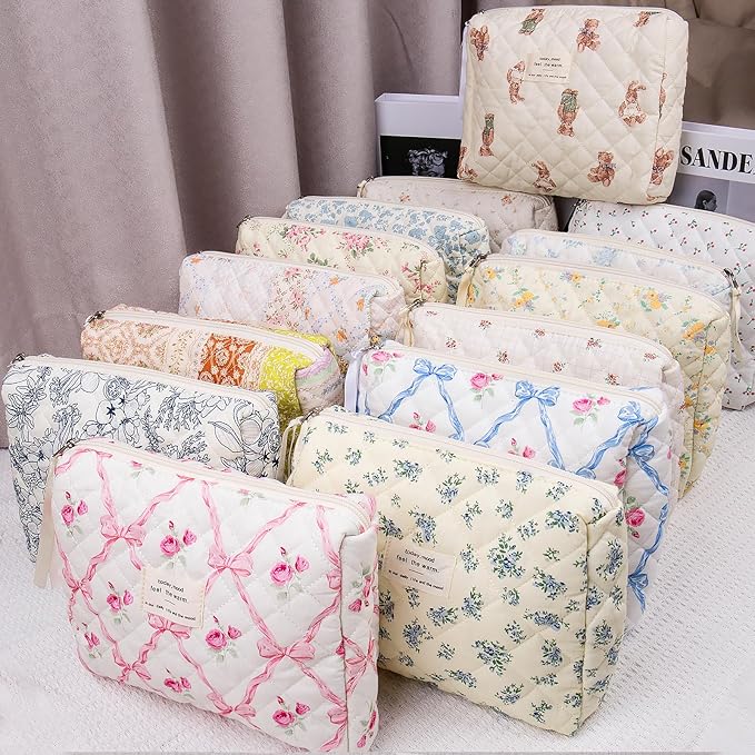 Floral Makeup Bag, Small Cosmetic Bag for Women Girls, Cute Cotton Makeup Bag, Quilted Makeup Bags, Flower Travel Toiletry Organizer Bag(LSHH)