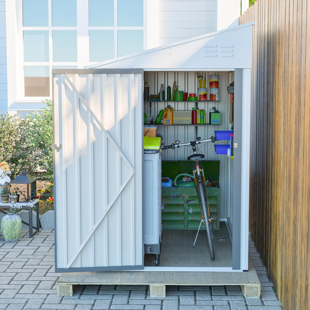 4x7 FT Outdoor Storage Shed,Lean to Lockable Metal Garden Shed Steel with Reinforced Beams,All Weather Waterproof Storage House W/Lockable Door&2 Air Vents,for Backyard,Patio,Lawn,Garden,White