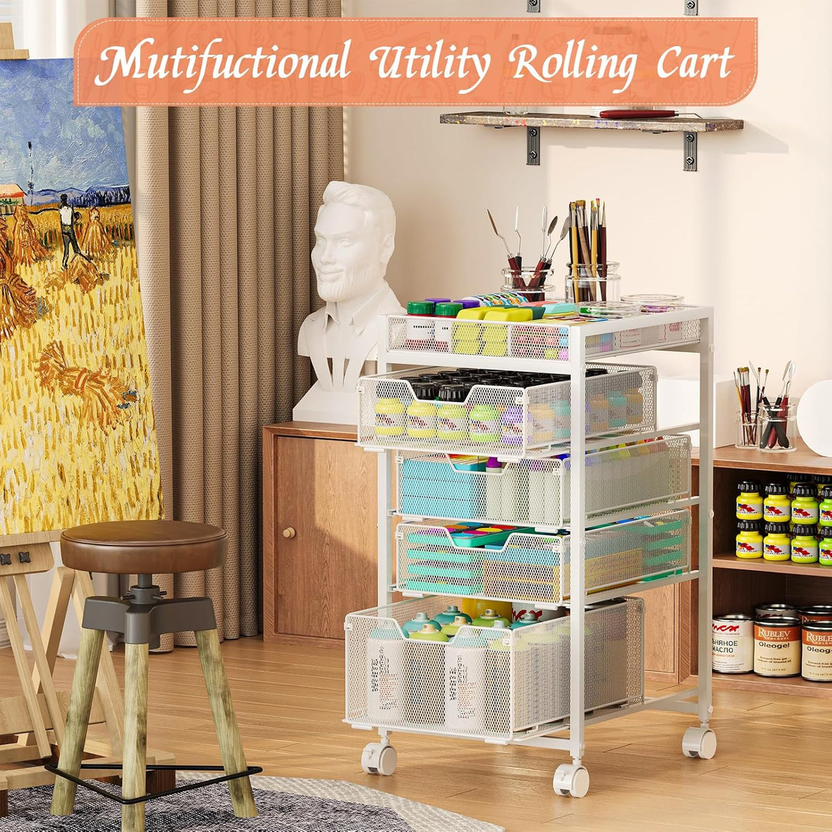 Rolling Utility Cart with 4 Drawers, Craft Organizer and Storage Carts with DIY Divider, Lockable Wheels Storage Organizer for Art Supplies, Store for Brushes & Paints & Artifacts, White
