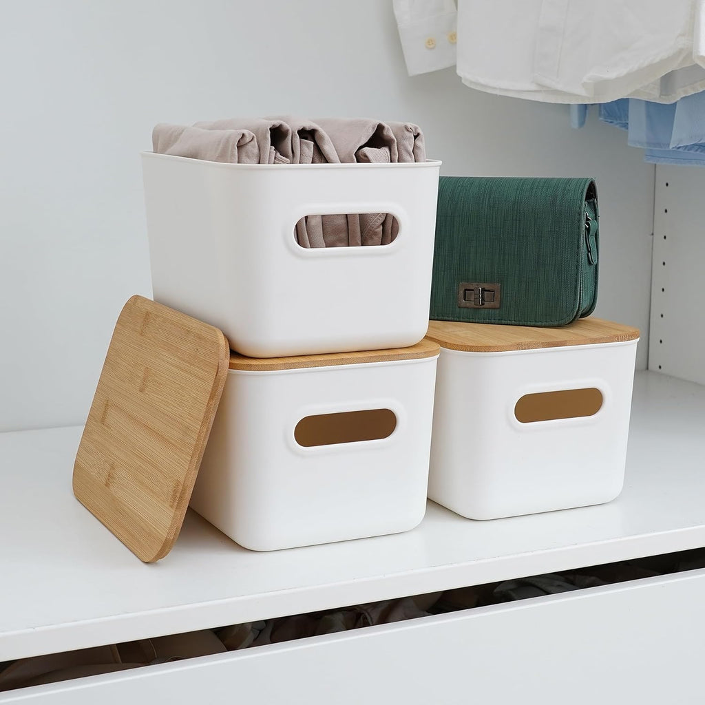 Citylife 4 PCS Storage Bins with Bamboo Lids Plastic Storage Containers for Organizing Stackable Storage Box with Handle, 10.23 x 7.08 x 6.3 inch