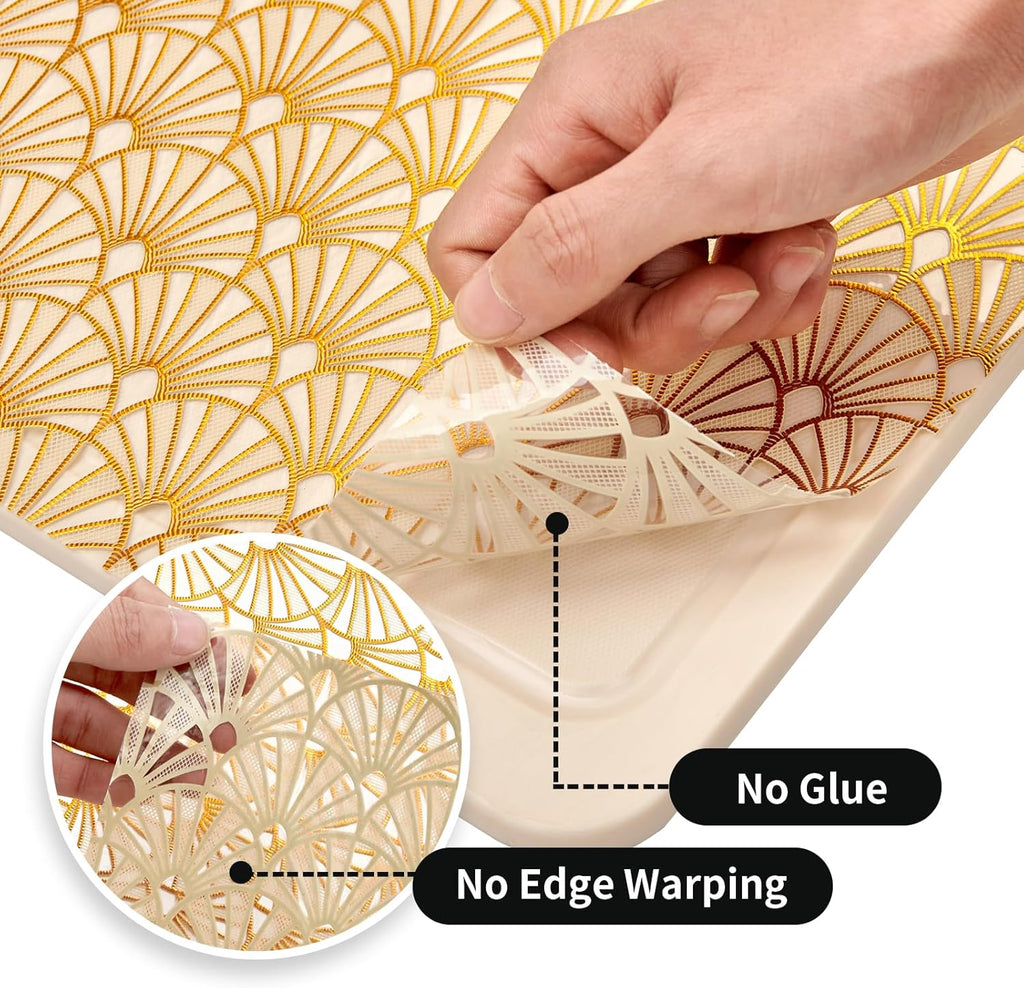 3D Drawer and Shelf Liner for Kitchen Cabinet: 12 in X 30 Ft Waterproof Shelf Paper Non Adhesive Refrigerator Liners Golden Ginkgo Leaf Easy Liners for Bathroom with Knife Tape Measure
