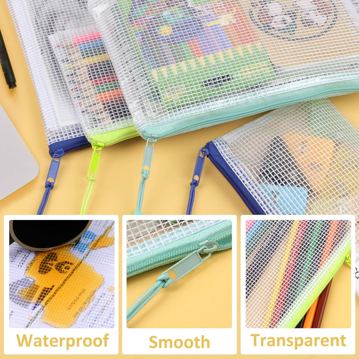 18PCS Mesh Zipper Pouch Bags, Zipper Bags for Office Supplies,9 Colors for Puzzles Board Game Storage, 8 Sizes for Reusable Plastic Zip Organizer for Travel