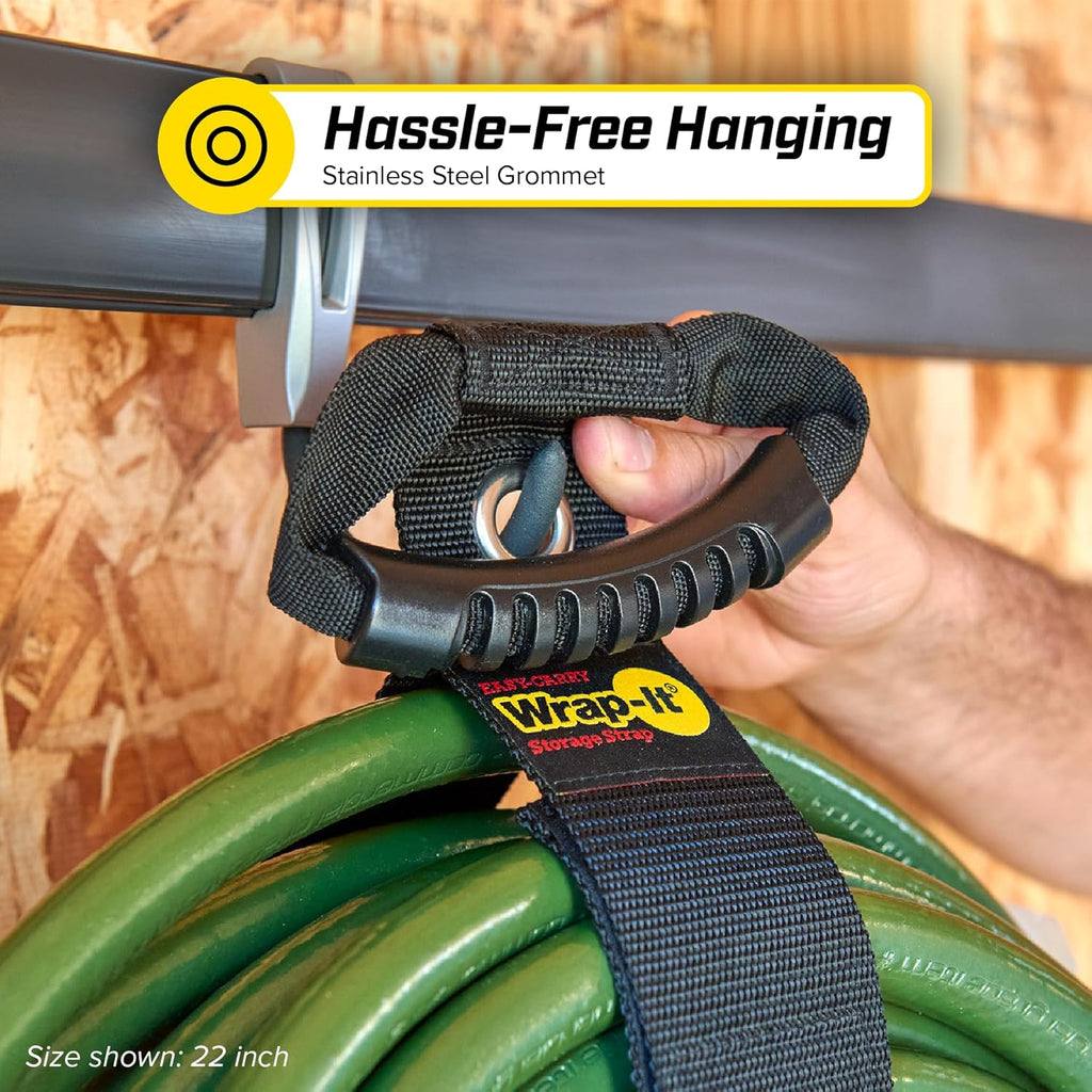Easy-Carry Wrap-It Storage Straps - 22" (2-Pack) Black with Grommet - Extension Cord Holder Organizer for Garden Hose Storage Cord Straps