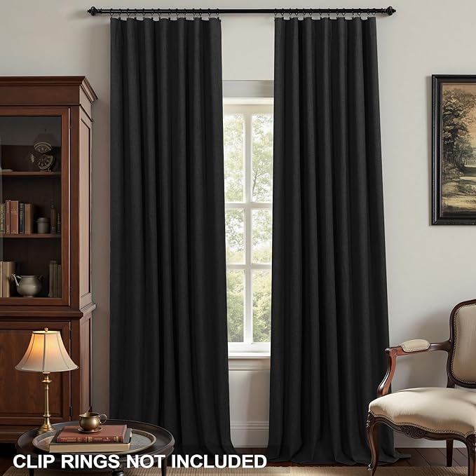 KOUFALL Black Linen Blackout Curtains 96 Inches Long