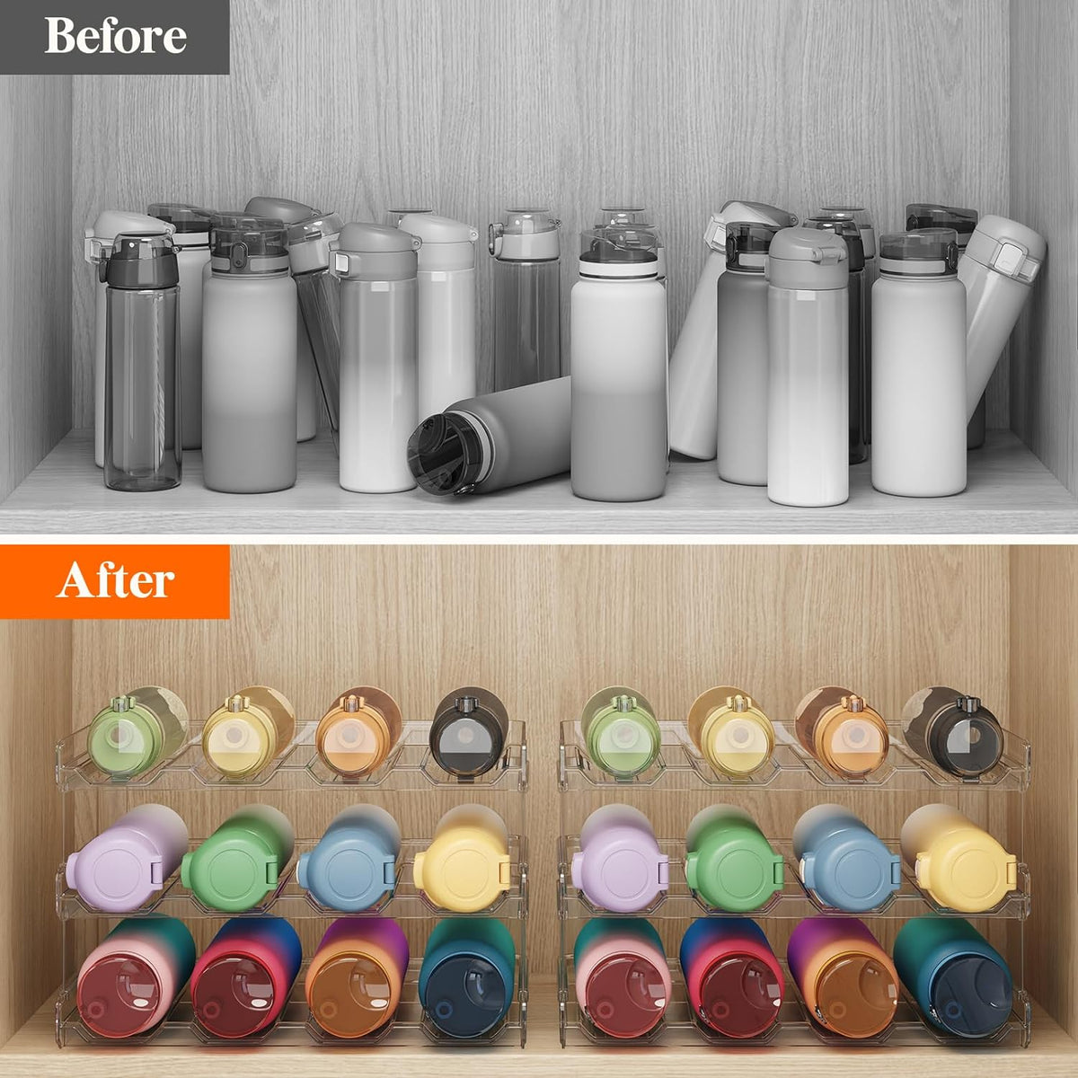 Lifewit Stackable Water Bottle Organizer for Cabinet, Plastic Bottle Holder Fits Bottles & Tumblers up to 3.8" Diameter, Pantry, Countertop & Fridge, 3 Tier Holds 12 Bottles