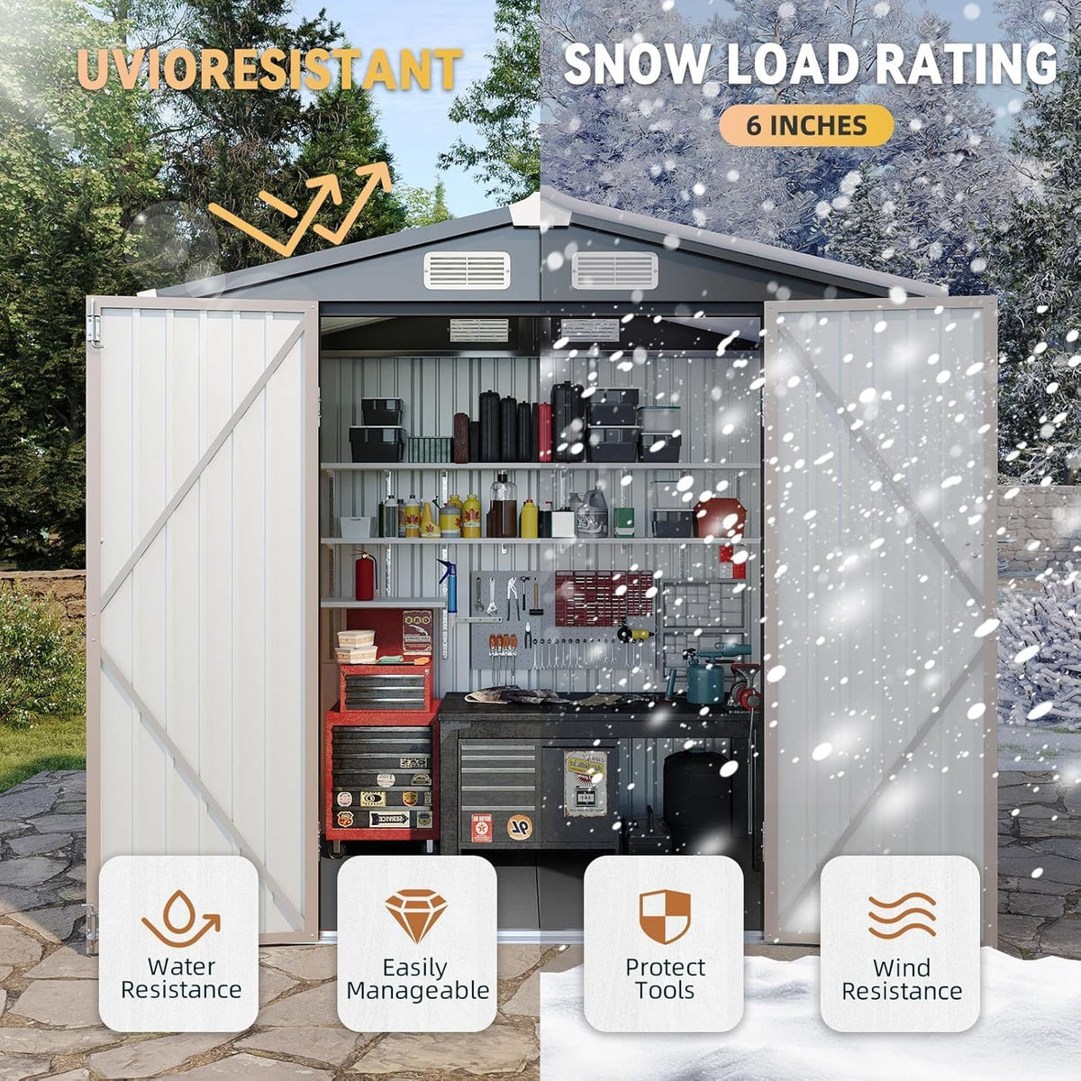 Aoxun 6' x 8' Storage Shed with Base Outdoor Steel Garden Utility Cabinet with Lockable Door Waterproof & Rust-Proof for Yard, Patio, Backyard (Brown, Base Included)