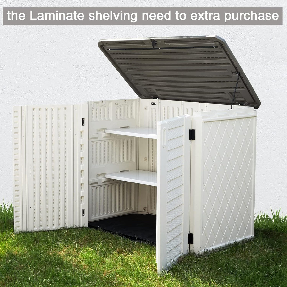 Horizontal Outdoor Garden Storage Shed for Backyards and Patios, Plastic Storage Box Waterproof, Small Shed 26 Cubic Feet Capacity for Bike, Garbage Cans, Lawn Mower, Tools and Garden Accessories