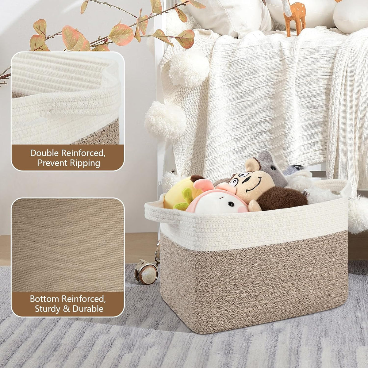 Storage Baskets for Organizing, Woven Baskets for Shelves, Rectangle Decorative Organizer for Storage Clothes, Toy, Books, Towels Nursery Bins 3 Pack (Brown & White, 13"x9.85"x8.7")