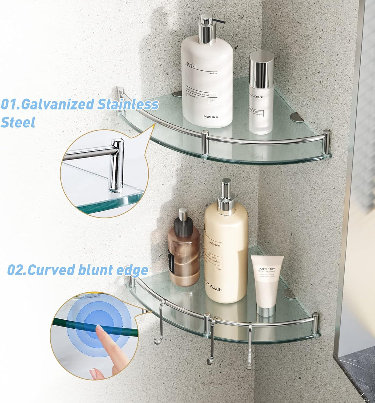 HouseMila Glass Shower Shelves, 2 Tier Tempered Glass Corner Shelf Shower Organizer with Extra 3 Hangers Shower Shelves for Inside Shower