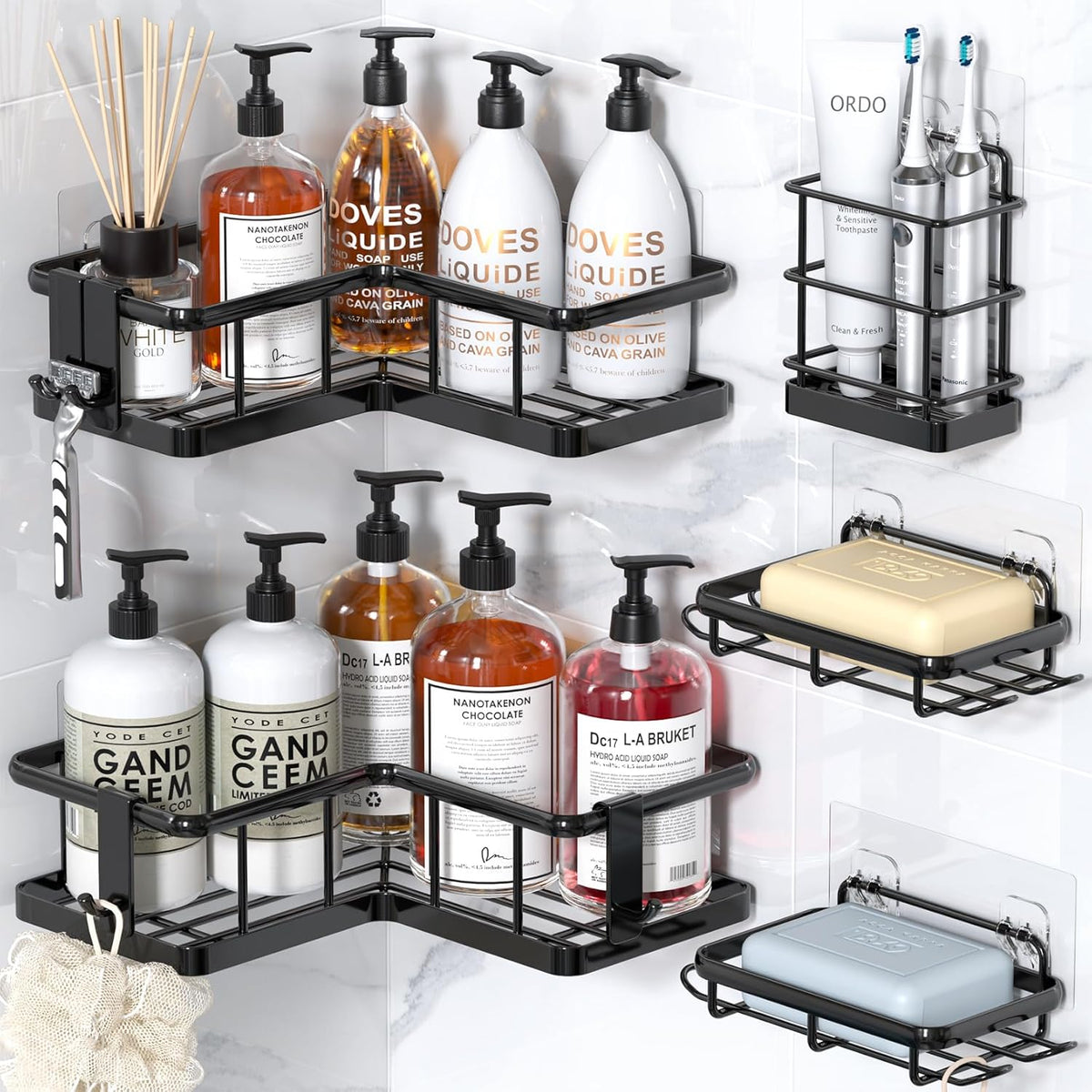 YASONIC Corner Shower Caddy, 5-Pack Adhesive Rustproof Stainless Steel Shower Organizer with Soap Holder, No Drilling Shower Shelf for Inside Shower, Dorm, Renters, Black