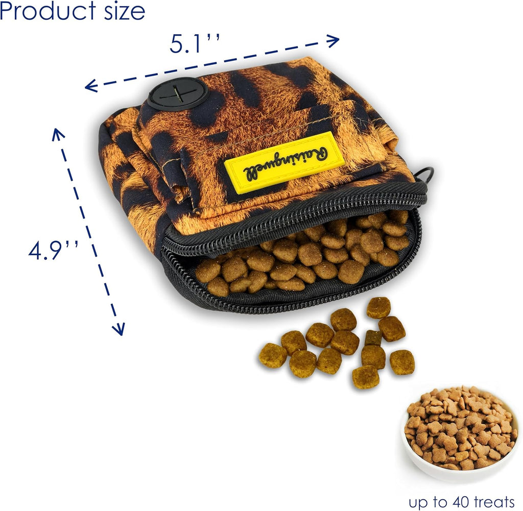 Dog Treat Pouch for Pet Walking and Training with Clicker Poop Bags and Double Bag Design Small Fanny Zipper Pack Holder for Puppy Snack Dispenser Kit for Leash and Outdoor Use Leopard Print