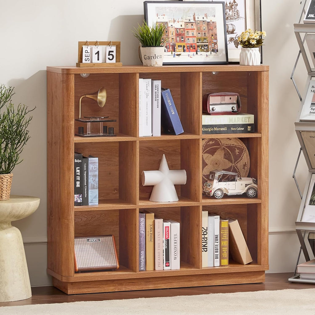 9 Cube Storage Book Shelf, 41" Tall Organizer Bookshelf with Curved Edge, Wood Floor Standing 3-Tier Cubby Bookcase with Base, Country Rustic Display Book Case for Library, Office, Brown