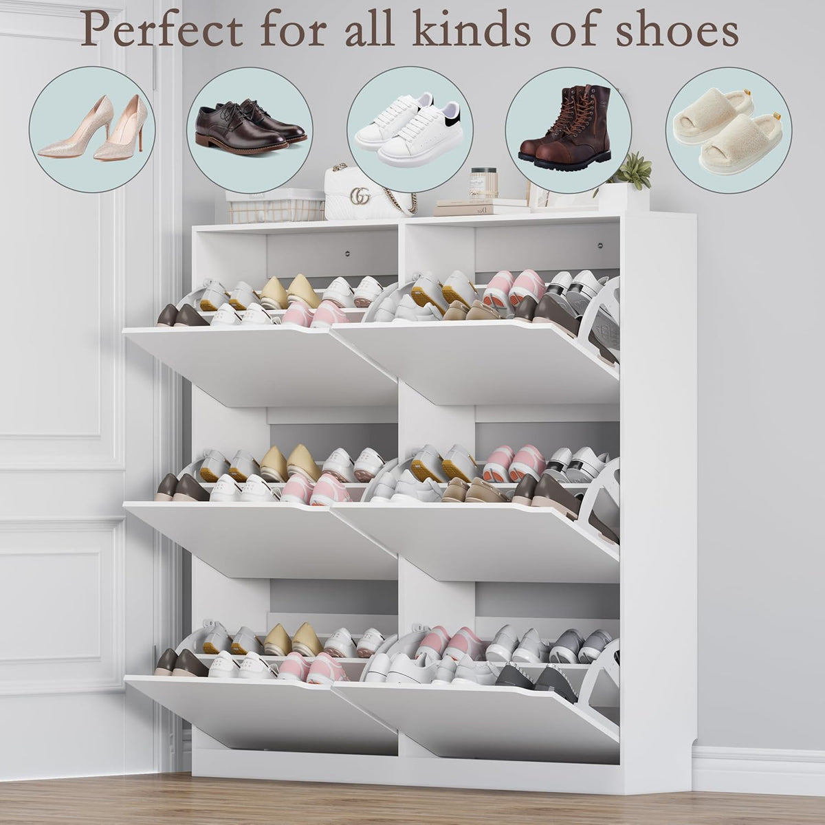 Shoe Cabinet with 6 Flip Drawers, Slim Narrow Shoe Storage Cabinet, Freestanding Shoe Organizer for Entryway, Hallway, Foyer