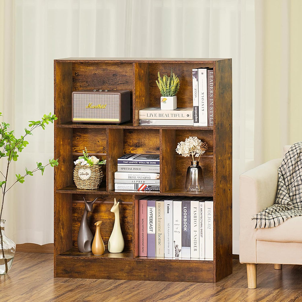 LEYAOYAO 7 Cube Bookshelf with Base,3 Tier Mid-Century Modern Brown Bookcase,Standing Wide Bookshelves Storage Organizer Shelf,Rustic Wood Display Cabinet Book Shelves for Bedroom,Living Room,Office