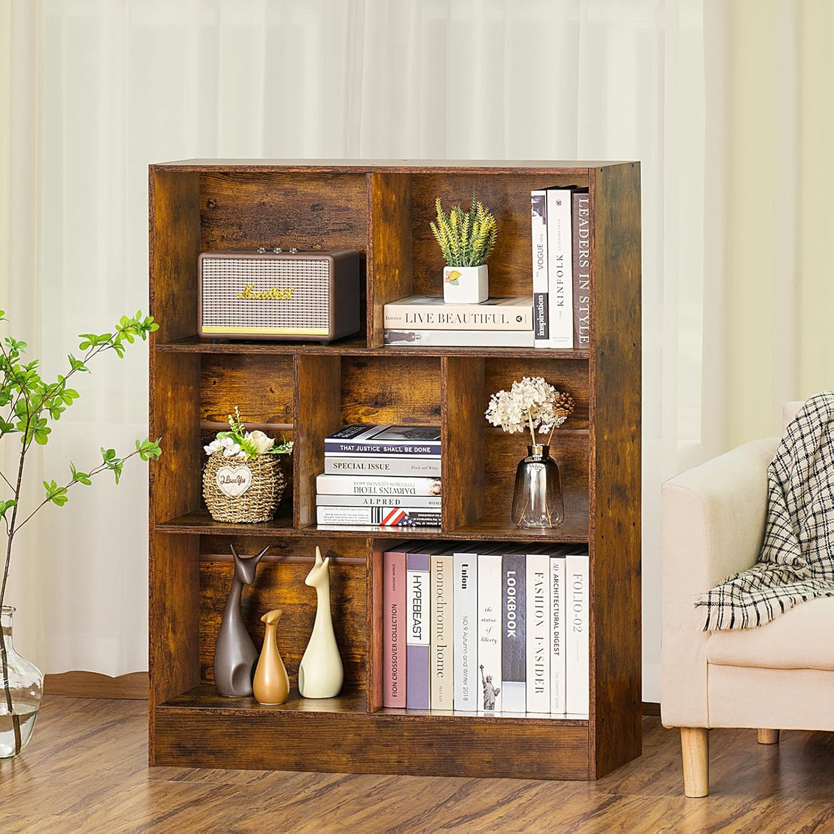 LEYAOYAO 7 Cube Bookshelf with Base,3 Tier Mid-Century Modern Brown Bookcase,Standing Wide Bookshelves Storage Organizer Shelf,Rustic Wood Display Cabinet Book Shelves for Bedroom,Living Room,Office