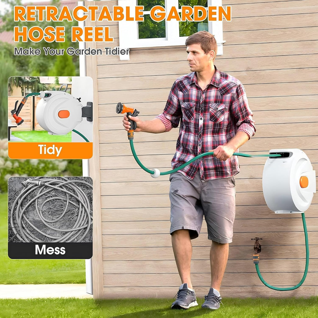 Retractable Garden Hose Reel 1/2 Inch x 100ft Wall Mounted, Auto Lock & Slow Retraction System, 8-Function Spray Nozzle, 180° Swivel Bracket, Heavy Duty Metal & PVC Construction (White, 100ft)