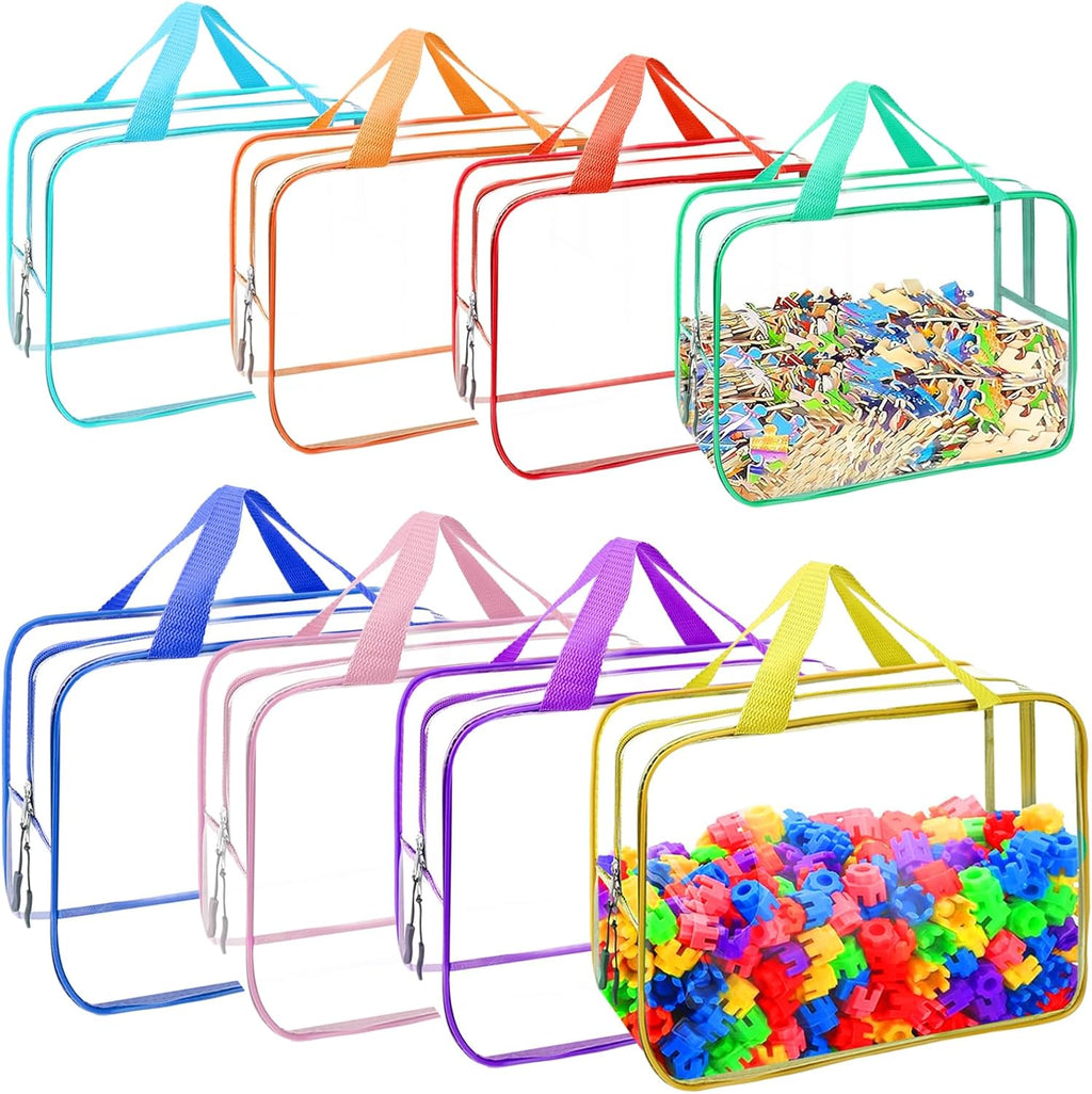 8 Packs 8 Colors Toy Storage Bags, Reusable Clear PVC Board Game Storage, Toy Storage Organizer Bags with Zipper for Building Blocks, Puzzle and Handmade Accessories, Clear Toiletry Bag