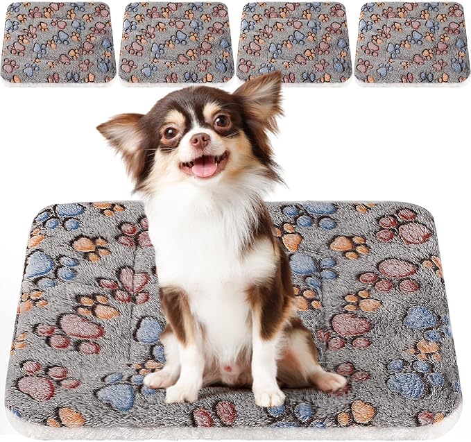 4 Pack Ultra Soft Dog Cat Bed Mat with Cute Prints Reversible Fleece Dog Crate Kennel Pad Cozy Washable Thickened Hamster Guinea Pig Pet Bed Mat for Small Animals(23 x 18 Inches,Gray)