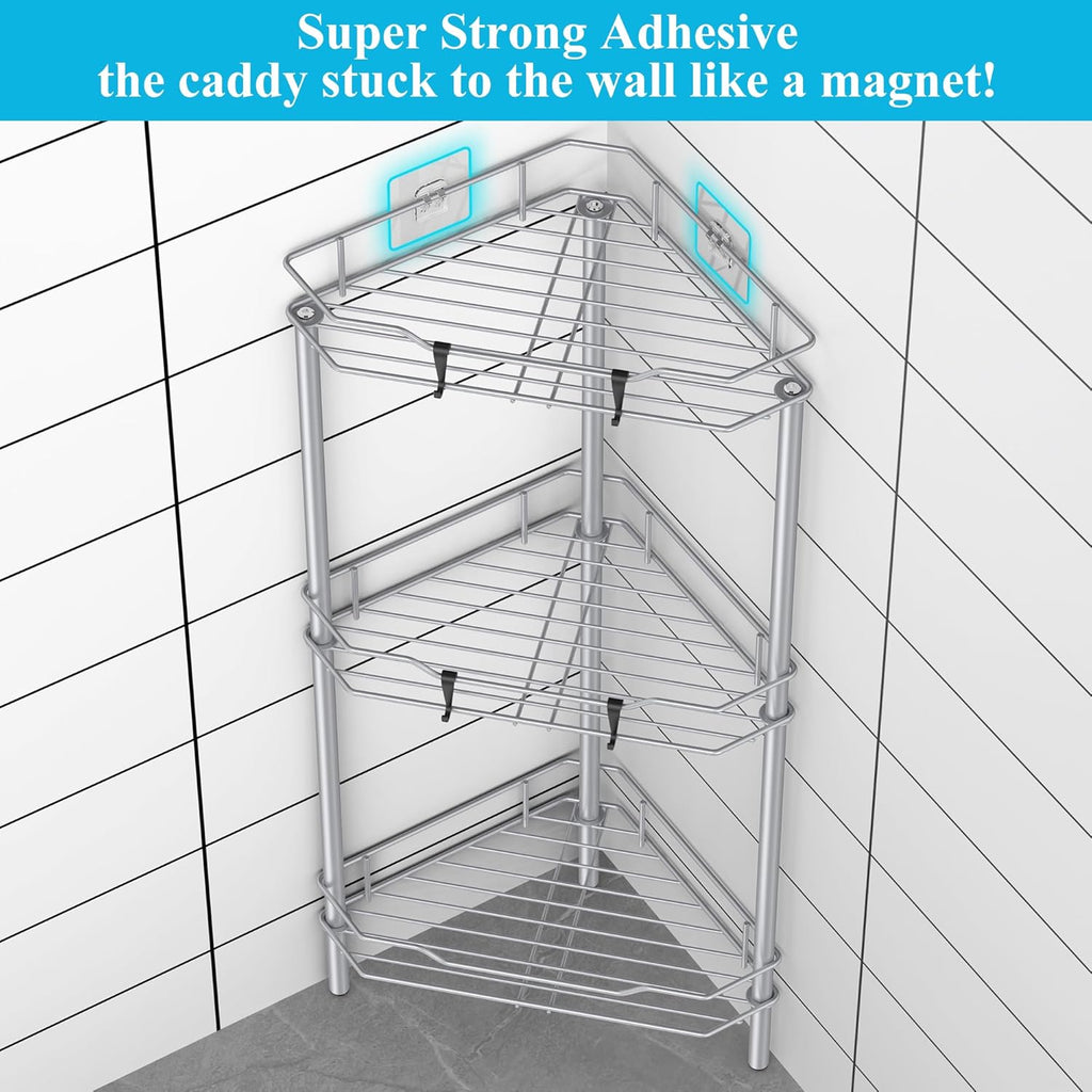 3 Tier Floor Standing Corner Shower Caddy Organizer Shelf with Hooks, Bathroom Shelves Stand Rack, Silver