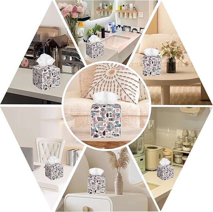Boho Vintage Leather Tissue Box Holder Abstract Plant Leaves Tissue Box Cover Facial Paper Case Organizer Cube Napkin Dispenser for Bathroom Vanity Countertop Night Stand Office Car
