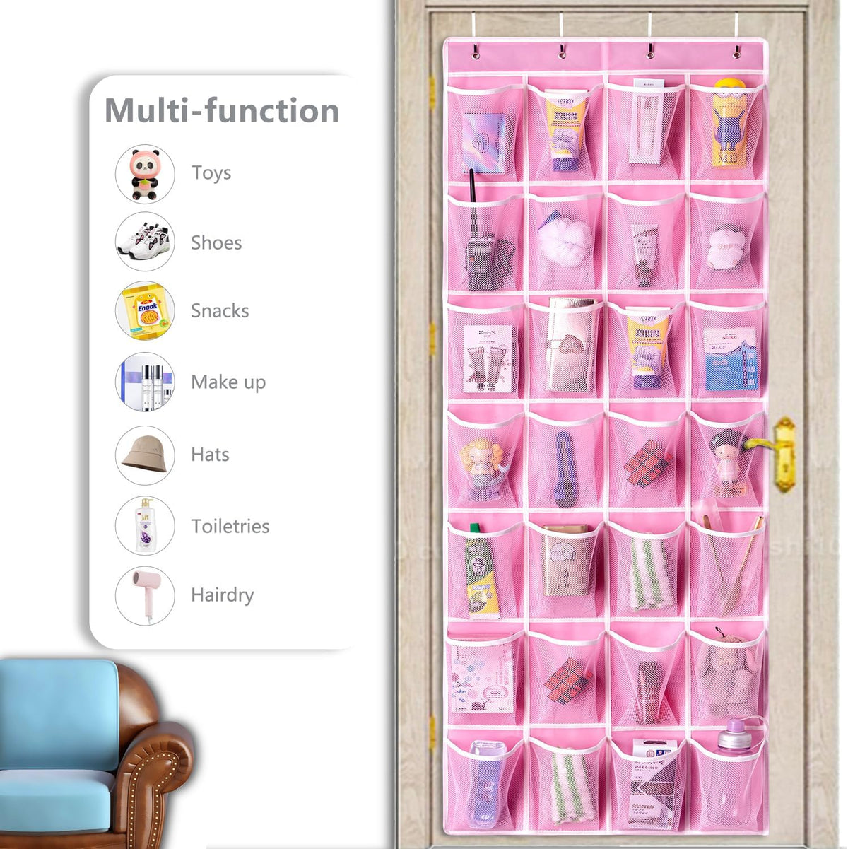 KEEPJOY 28 Pockets Hanging Shoe Organizer, Over the Door Shoe Organizer, Hanging Door Shoe Holder Rack with Mesh Pockets Large Size 65 x 23 Inch (Pink-1Pack)