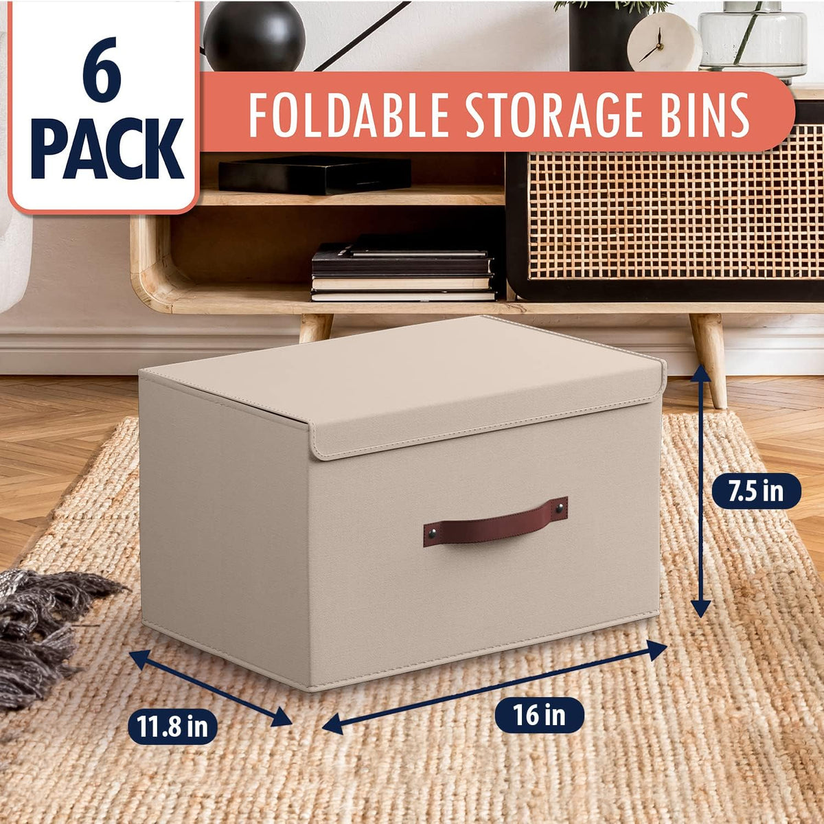 Ornavo Home 6 Pack Collapsible Storage Bins with Lid, Foldable Linen Fabric Shelf Storage Basket Closet Organizer and Large Storage Box for Clothes with Leather Handles, 16.5 x 11.8 x 7.5, Beige