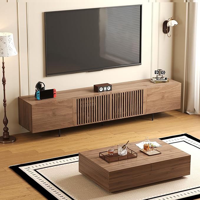 NessCarsti Mid-Century Modern TV Stand & Expandable Coffee Table Set, Walnut
