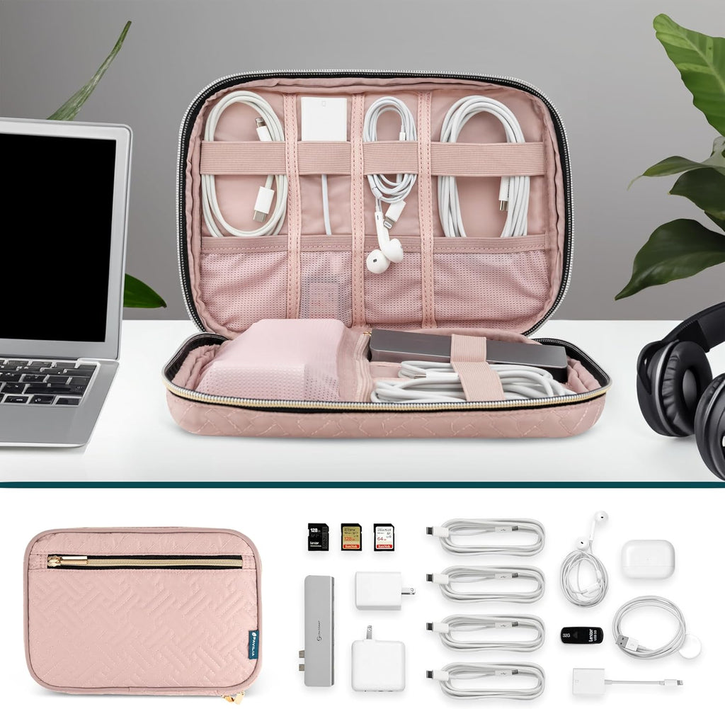 Pavilia Tech Organizer Case - Cable & Charger Storage, Travel Accessories - Pink Quilt