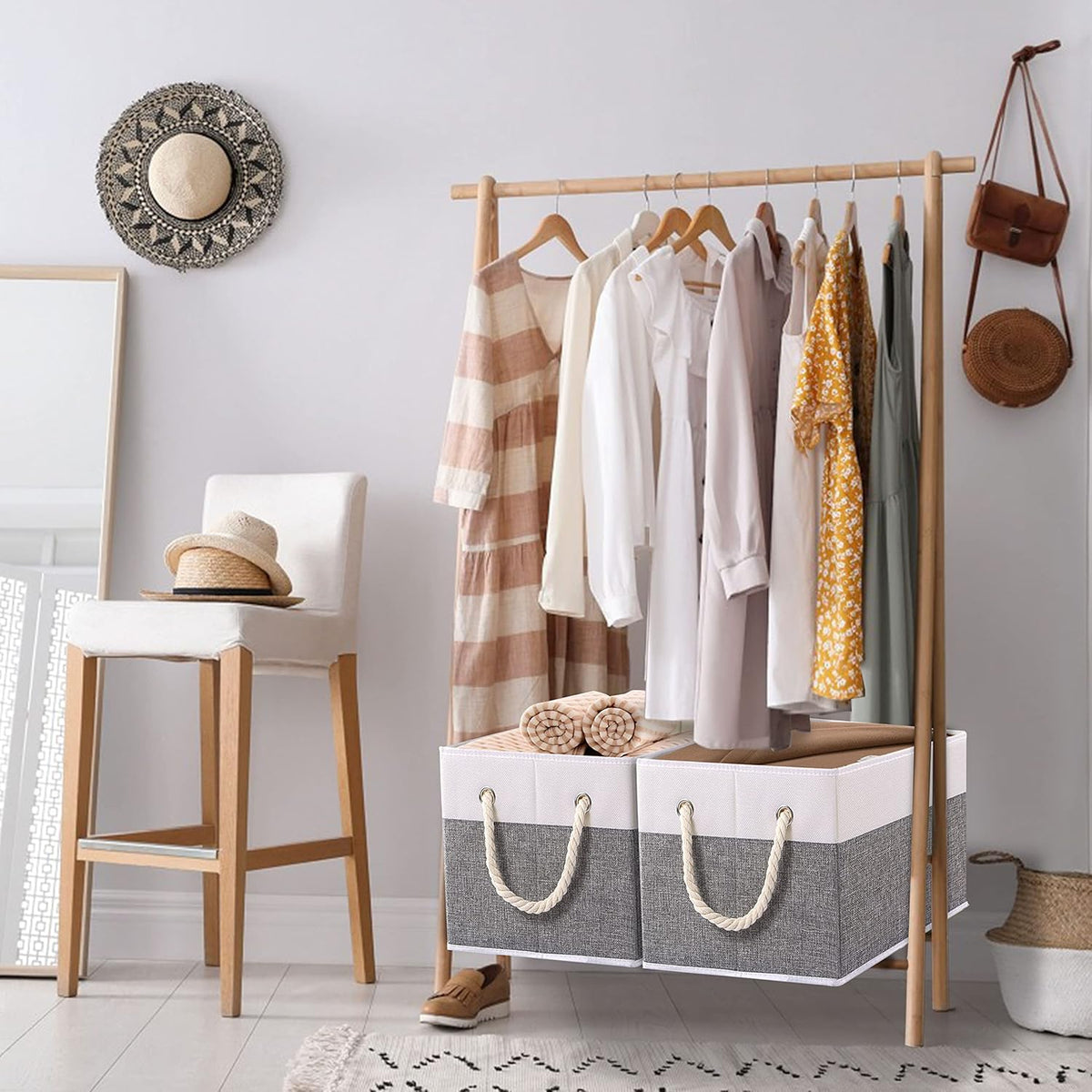 Yawinhe Foldable Storage Baskets for Shelves, Fabric Storage Cubes with Rope Handle, Closet Organizers for Clothes, 3-Pack, 14.96''Lx9.84''Wx8.26''H, White/Grey