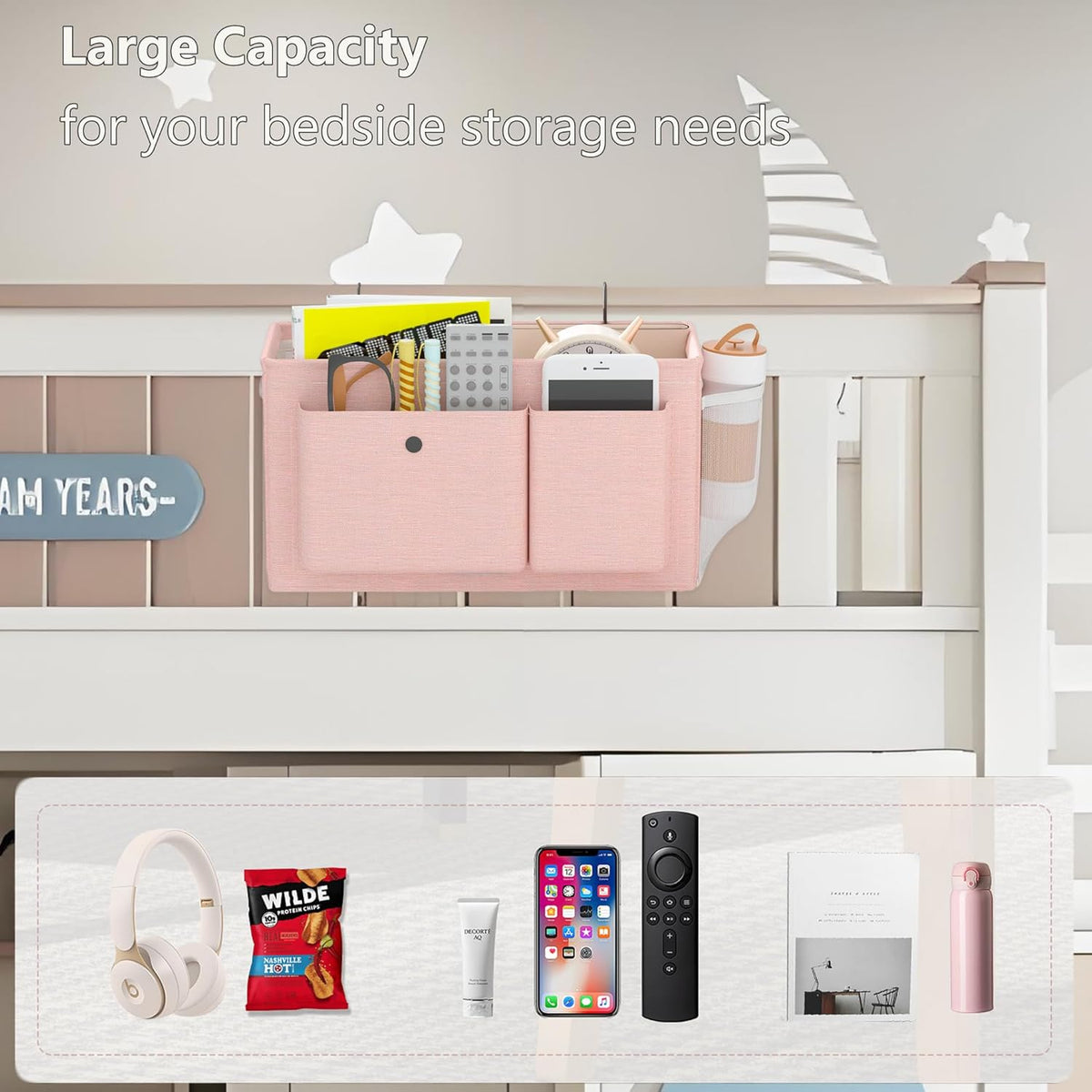 Bedside Caddy Bedside Organizer with Fixed Straps & Water Bottle Holder, Bunk Bed Caddy ideal for Home, Dorm, Hospital, Crib, Versatile Bedside Storage Solution (Pink 2pcs)