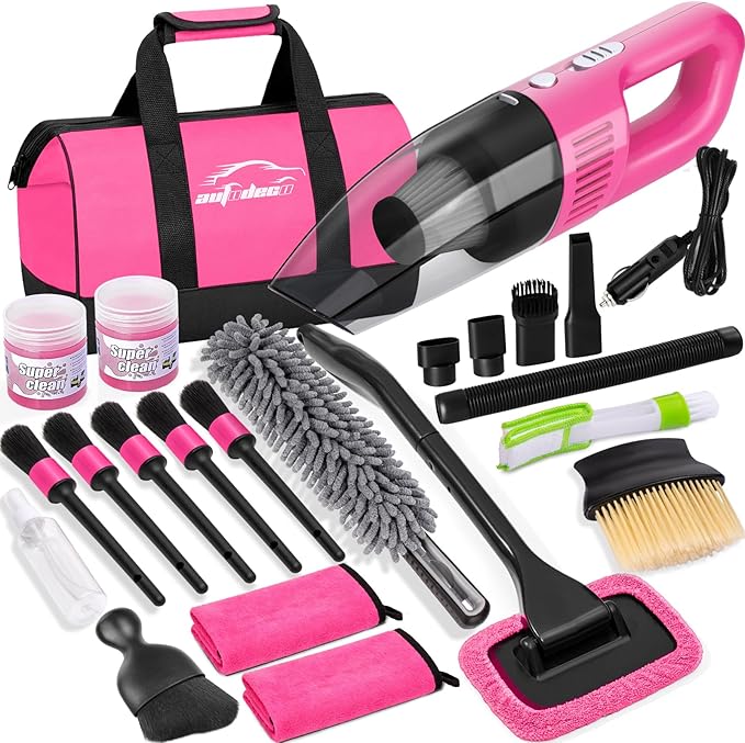 AUTODECO Car Cleaning Kit, Car Vacuum Interior Detailing Cleaner Kit with High Power Handheld Vacuum, Brush Set, Windshield Tool, Duster, Towels, Complete Car Care Tools for Women (Pink)