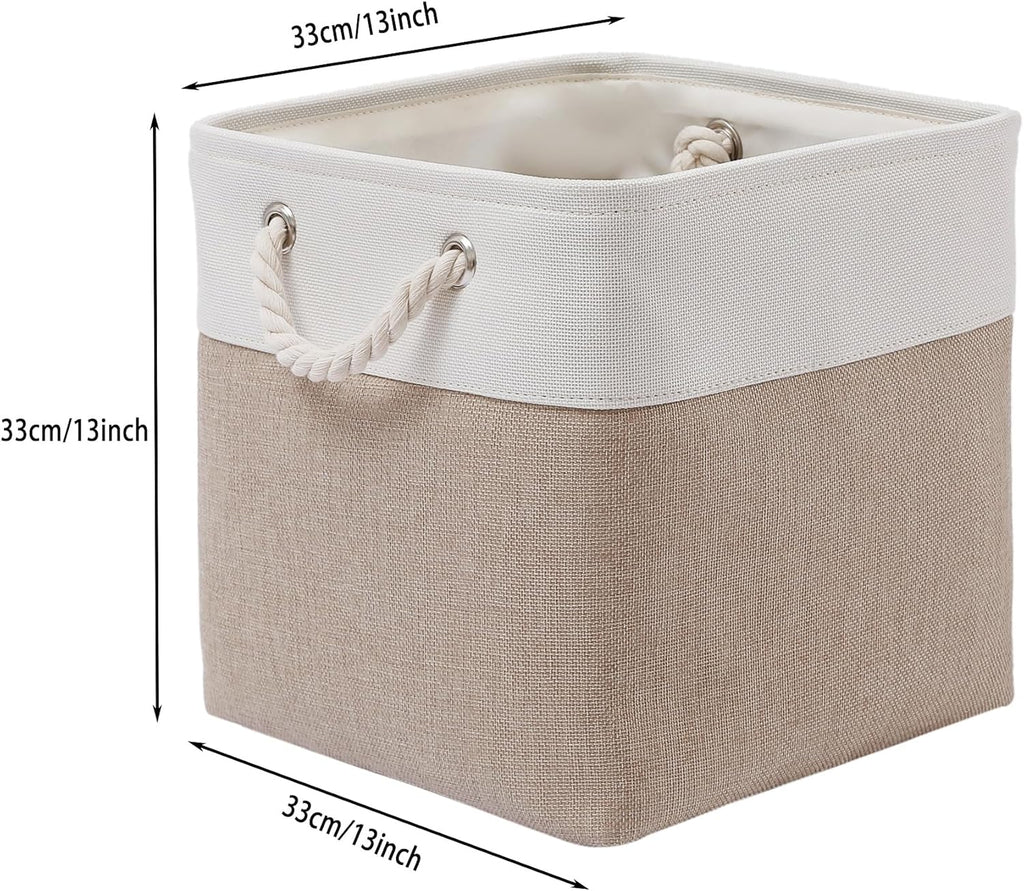 13 x 13 Inch Cube Storage Bins, 4 Pack Large Collapsible Fabric Storage Bin with Ropes, Foldable Storage Cubes for Home, Office,Closet, Clothes, Toys Organizer (White & Beige)