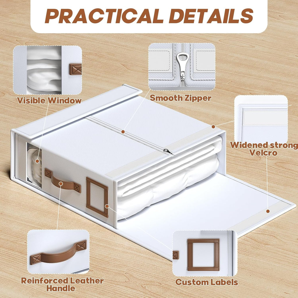 8 Pack Bed Sheet Organizers And Storage(King & Queen Size) With Leather Handles,Foldable Linen Closet Organizer With Clear Window,Bedding Storage Box For Blanket,Sheets,Duvet Cover-White