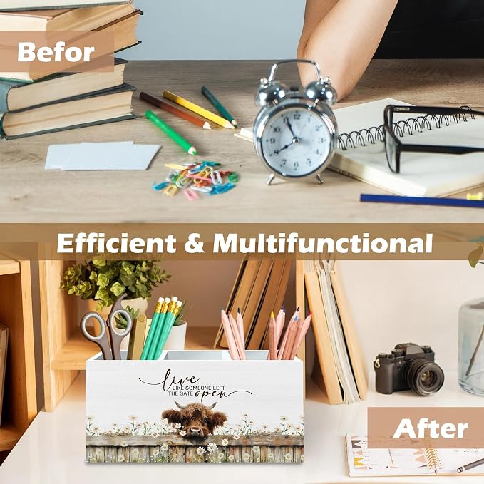 DILSJ Inspirational Highland Cow Pen Pencil Holder Organizer for Desk, Highland Cow Gifts for Women, Live Like Someone Left The Gate Open Wooden Box Signs for Home Office Desk Tabletop Decoration